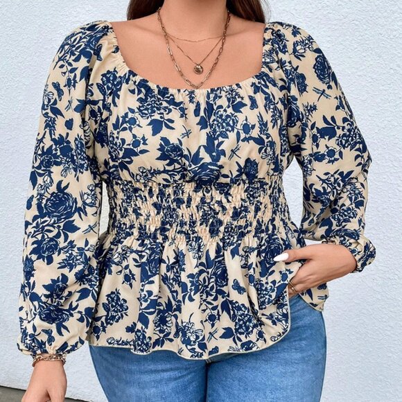 SHEIN CURVE+ Plus Floral Print Lantern Sleeve Peplum Blouse - Picture 5 of 6